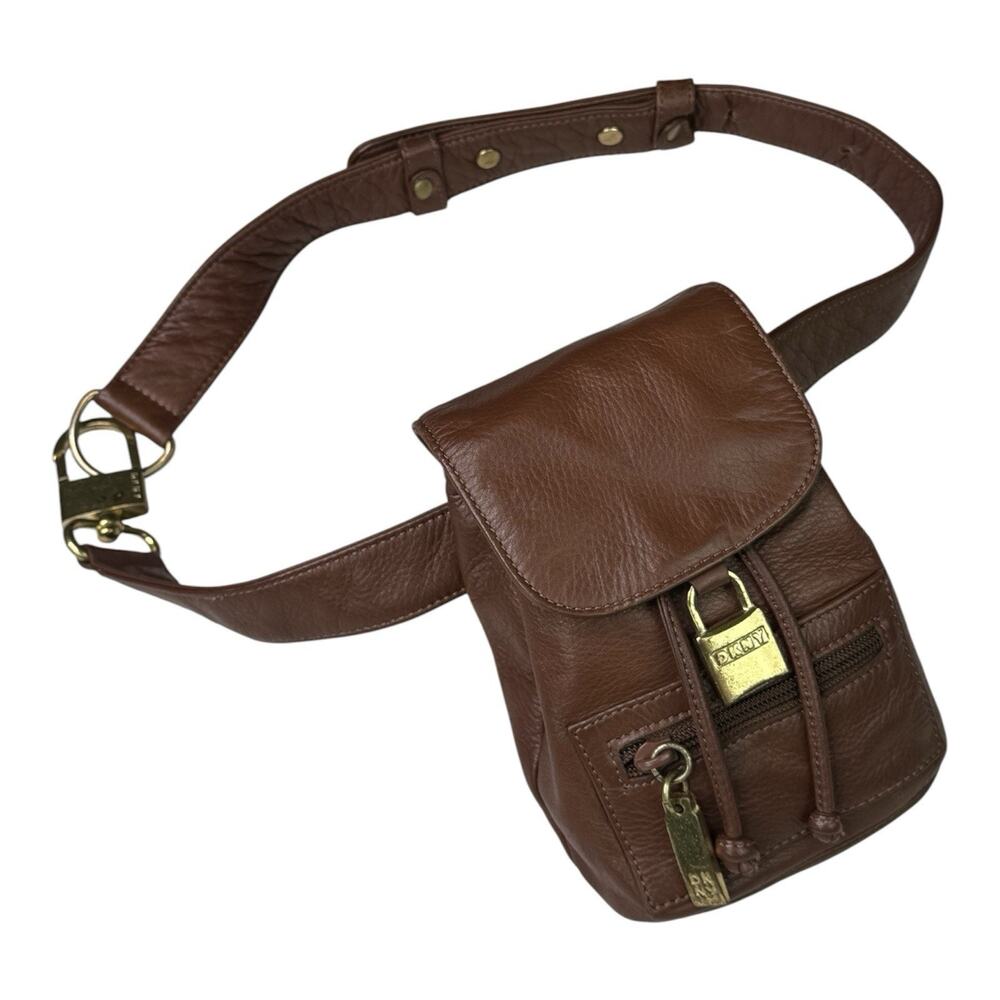 DKNY Donna Karan New York Y2K Vintage Brown Leather Mini Backpack Waist Belt
